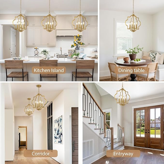 4-Light Brushed Gold Chandeliers for Dining Room, 15.6" Farmhouse Geometric Pendant Light Fixture for Entryway Foyer Kitchen Bathroom Over Sink