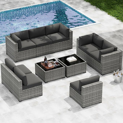 LazySunsets 10-Piece Patio Furniture Set, Wicker Rattan Outdoor Furniture with Thick Cushions, Patio Conversation Sets with Coffee Table, Outdoor Sectional Couch Sofa with Waterproof Cover, Black