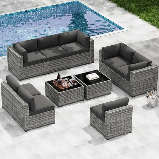 LazySunsets 10-Piece Patio Furniture Set, Wicker Rattan Outdoor Furniture with Thick Cushions, Patio Conversation Sets with Coffee Table, Outdoor Sectional Couch Sofa with Waterproof Cover, Black