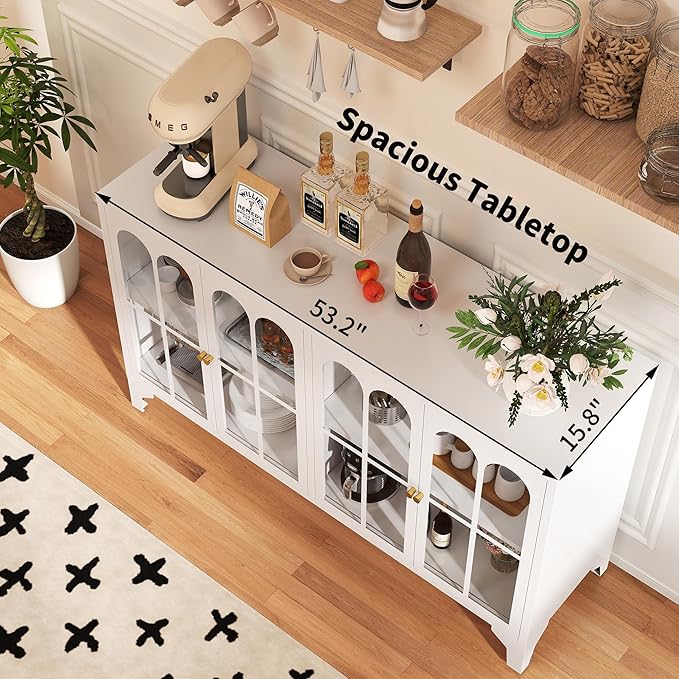 Foreate Sideboard Buffet Cabinet with Glass Door & LED Light, 53.2" Large Buffet Cabinet with Storage & Adjustable Shelf, Farmhouse Sideboard Credenzas Metal Kitchen Buffet, White