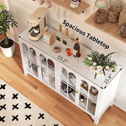 Foreate Sideboard Buffet Cabinet with Glass Door & LED Light, 53.2" Large Buffet Cabinet with Storage & Adjustable Shelf, Farmhouse Sideboard Credenzas Metal Kitchen Buffet, White