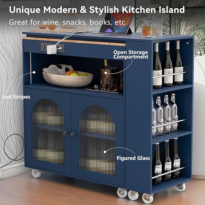 Rolling Kitchen Island with Extendable Table and LED Lights, Kitchen Cart with Power Outlets USB Ports Fluted Glass Doors Rubber Wood Top and Open Shelves,Mobile Storage Cabinet for Dining Room, Blue
