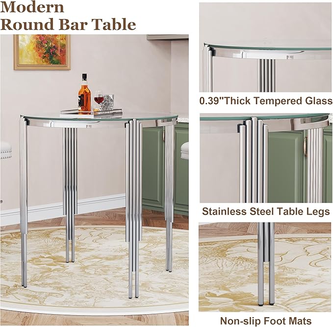 37" Round Bar Table, Modern High Pub Table with Clear Tempered Glass Top and Polished Silver Stainless Steel Legs, Counter Height Table for Kitchens, Apartments, and Small Spaces
