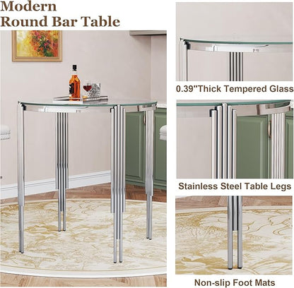 37" Round Bar Table, Modern High Pub Table with Clear Tempered Glass Top and Polished Silver Stainless Steel Legs, Counter Height Table for Kitchens, Apartments, and Small Spaces
