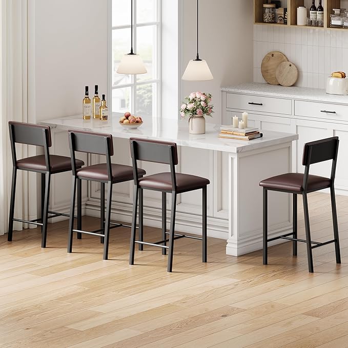 GarveeHome Bar Stools Set of 4 with Back & Footrest, Upholstered Counter Stools with Thickened Metal Legs, 24.8 Inches Counter Height Barstools, for Kitchen Island, Bar, Brown