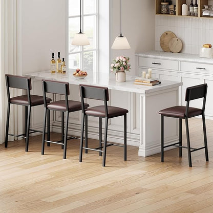 GarveeHome Bar Stools Set of 4 with Back & Footrest, Upholstered Counter Stools with Thickened Metal Legs, 24.8 Inches Counter Height Barstools, for Kitchen Island, Bar, Brown