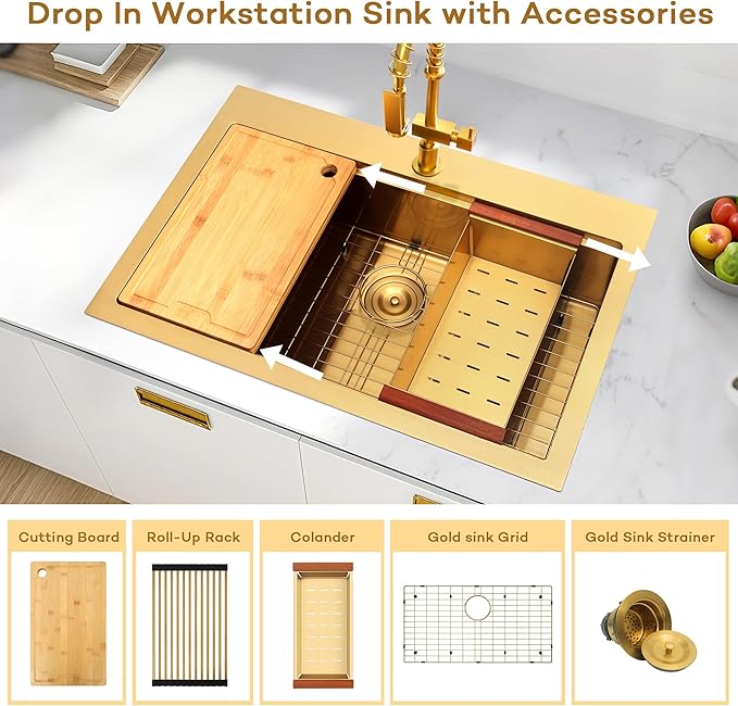 Gold Kitchen Sink 33" X 22",Drop In/Top Mount 16 Gauge Stainless Steel Workstation Sink,Deep & Large Single Bowl Kitchen Sinks (Gold, 33" X 22")