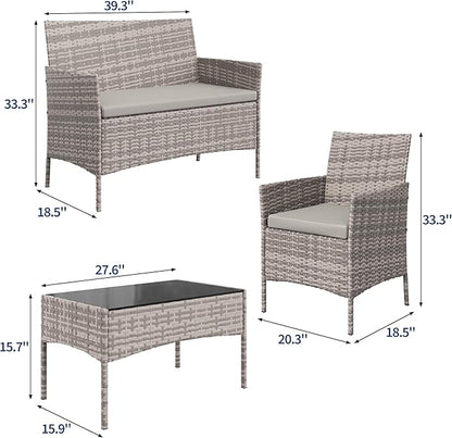 GAOMON 4-Piece Patio Furniture Set, Modern PE Rattan Conversation Set with 2 Chairs, Loveseat & Tempered Glass Coffee Table, All-Weather Outdoor Seating for Garden, Porch, Balcony, Poolside