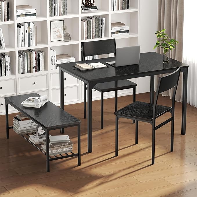 DUMOS Dining Table, Dining Table Set for 4 with Bench, Easy to Assemble Kitchen Table, Space-Saving Ideal 4-Person Set for Dining Room Kitchen Apartment Corner Dark Black 4 Pack