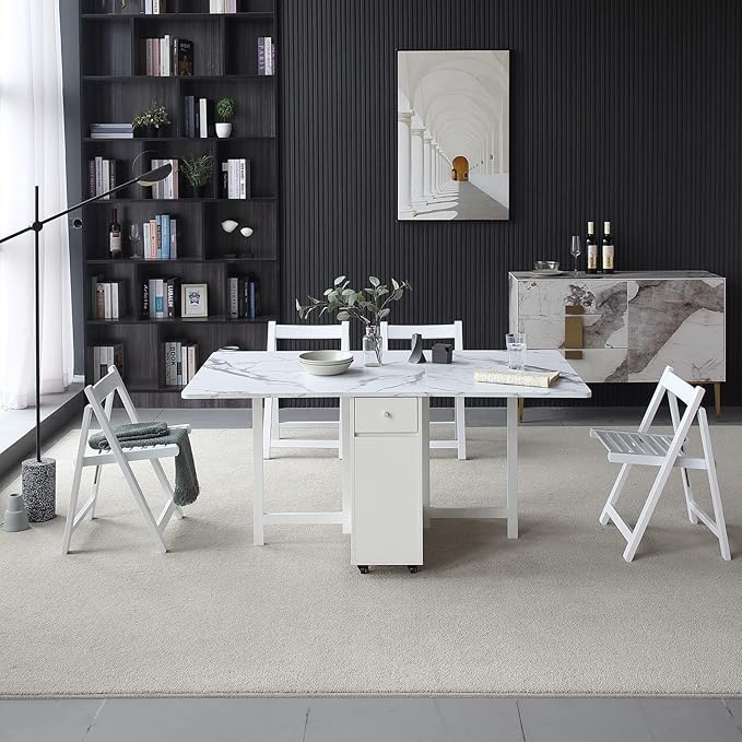 FUNROLUX Folding Dining Table with Rack and 2 Storage Drawers, Movable Extendable Space Saving Kitchen Table in 3 Forms (White)