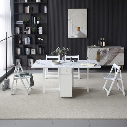 FUNROLUX Folding Dining Table with Rack and 2 Storage Drawers, Movable Extendable Space Saving Kitchen Table in 3 Forms (White)