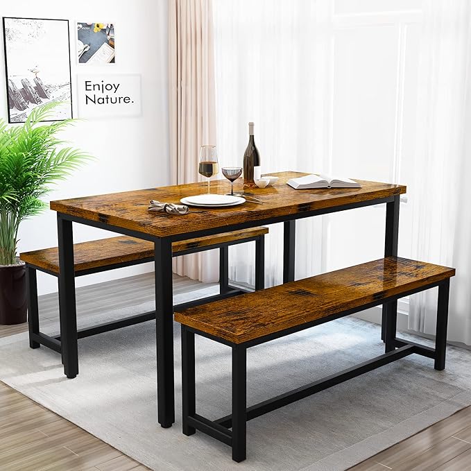 Recaceik Dining Table Set with Bench, 3 Pieces Dining Furniture Set Kitchen Table Set Sturdy Structure Space-Saving Dinette for Kitchen, Dining Room Breakfast Nook, Living Room, Rustic Brow
