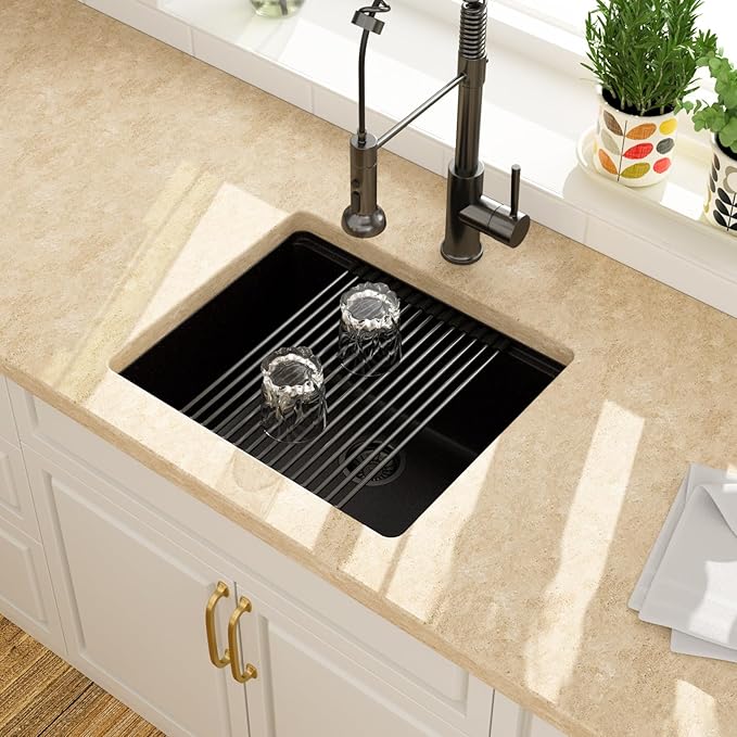 Lordear 21 Inch Black Granite Composite Kitchen Sink Workstation 21x18 Matte Black Undermount Quartz Sinks Under Counter Single Bowl Sink with Black Accessories