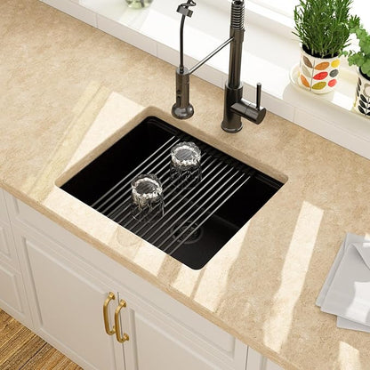 Lordear 21 Inch Black Granite Composite Kitchen Sink Workstation 21x18 Matte Black Undermount Quartz Sinks Under Counter Single Bowl Sink with Black Accessories