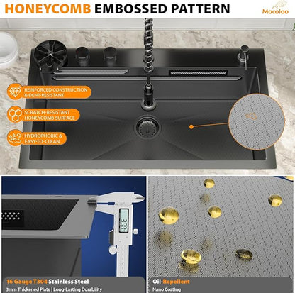 Mocoloo 33 Inch Black Honeycomb Waterfall Kitchen Sink Drop in, 33x19 Inch Stainless Steel Workstation Sink 16 Gauge Topmount Single Bowl Sink with Complete Kit