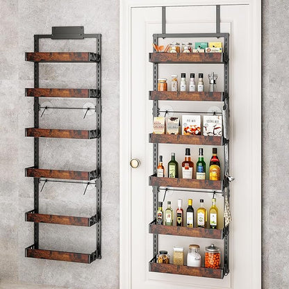 bukfen Over the Door Pantry Organizer, 6-Tier Adjustable Wooden Basket Kitchen Pantry Door Organization and Storage, Heavy-Duty Metal Hanging Kitchen Spice Rack, D6.3 x W17.71 x H50.60 inch, 1 Pack