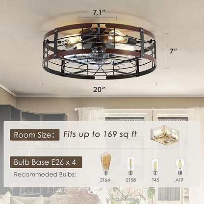 ZYD 20" Caged Ceiling Fan with Light, Farmhouse Cieling Fan with Quiet DC Motor, Rustic Metal Cage with Wood Grain Accent, Ideal for Bedroom, Living Room, Kitchen, Dining Room, Cafés, Restaurants