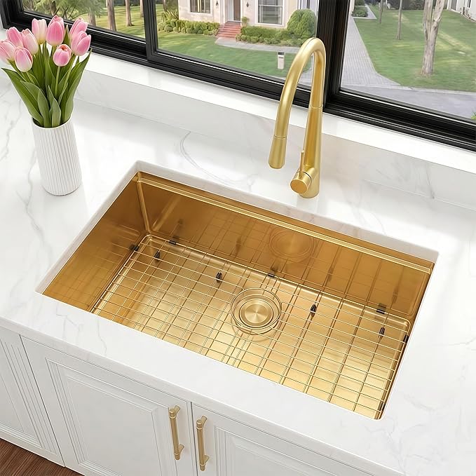 33 Inch Gold Undermount Kitchen Sink, NANO-PVD 304 Stainless Steel Sinks 16 Gauge Single Bowl Ledge Workstation With Accessories, 33"x19"x9" Inch Large and Deep Basin