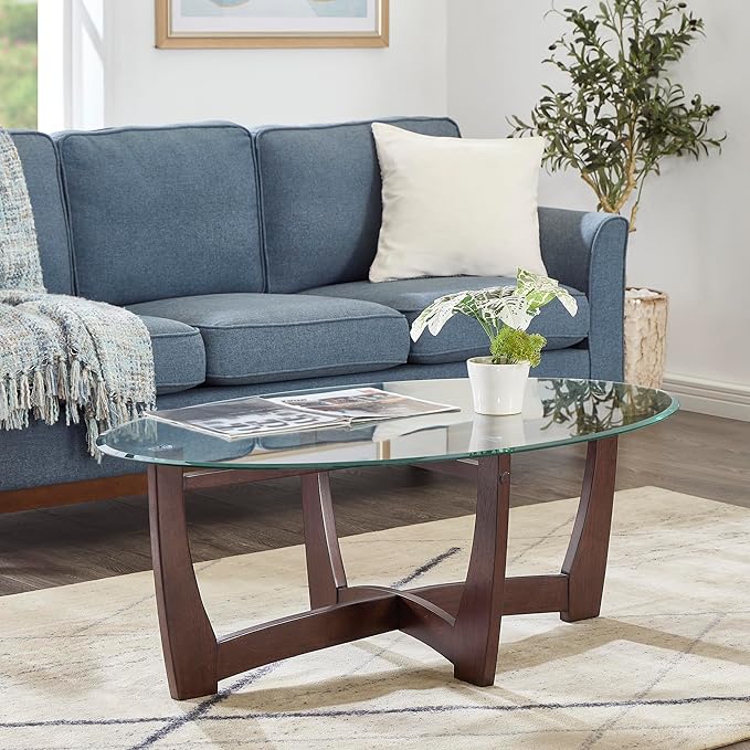 48" Oval Coffee Tables, Modern Center Table with Tempered Glass Tabletop Cross and Solid Wood Base, Small Space Coffee Table for Living Room Cherry