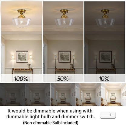 Brass Schoolhouse Light Fixture 12" Mid Century Light Fixture Schoolhouse Light Fixtures Ceiling Clear Glass Semi Flush Mount Ceiling Lights for Bedroom Bathroom Kitchen(Bulb Incl.)