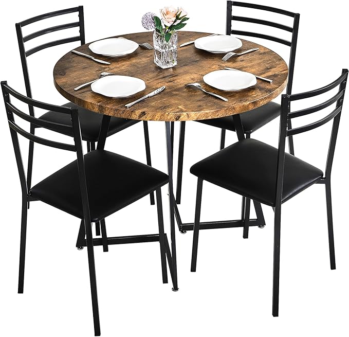 VECELO Round Dining Table Set for 4, Wood Tabletop & Heavy-Duty Steel Frame, 6-Piece Dinette with Chairs for Kitchen, Breakfast Nook, Antique Brown & Black