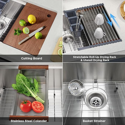 SANYCASA 32" x 19" Multifunctional Undermount Workstation Kitchen Sink S304 Stainless Steel Handmade Modern Single Bowl Kitchen Sink with Accessories and Integrated