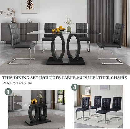5-Piece Glass Dining Table Set, 63" Black Kitchen Table with O-Shape MDF Base, Dining Room Set for 4 with 4 Leather Upholstered Chair for Kitchen, Dining Room (Black,Silver)