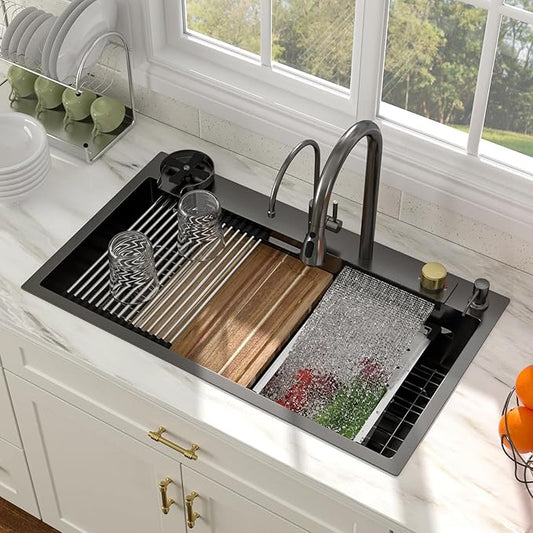 33 Inch Black Waterfall Kitchen Sink Drop In Smart Workstation Kitchen Sink 33X19 Inch 16 Guage Stainless Steel Single Bowl Multifunctional Sinks and Waterfall Faucet Combo Set with Cup Washer