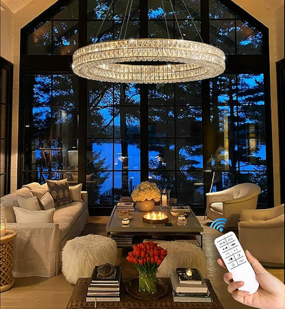Led Ring Crystal Chandelier for Living Room, Modern Dimmable Chandeliers Lighting and Hanging Adjustable, LED Round Ceiling Chandelier for Dining Room (40inch,Gold)