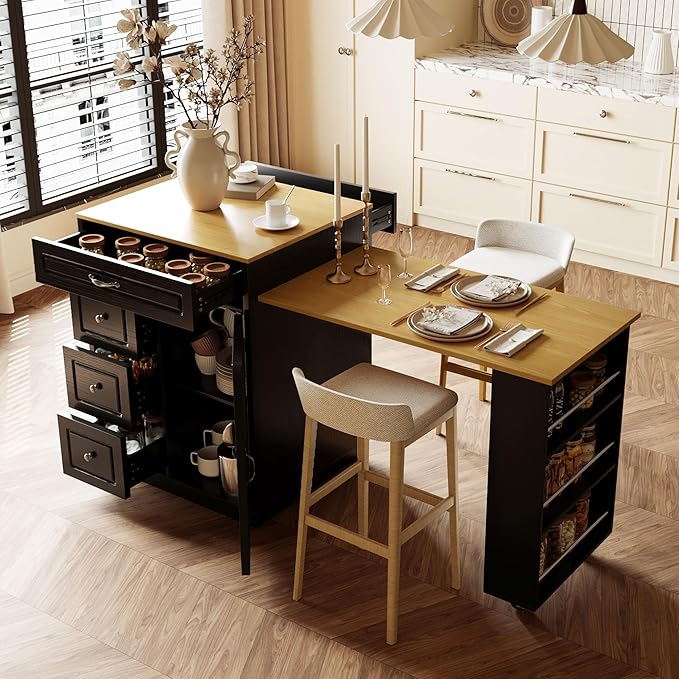 73” Kitchen Island with Extendable Dining Table, Multifunctional Wine Cabinet with 1 Door, 5 Drawers, Open Side Shelves, Wine Rack, Stemware Holder, Rolling Wheels, Chairs Not Include, Black+Natural