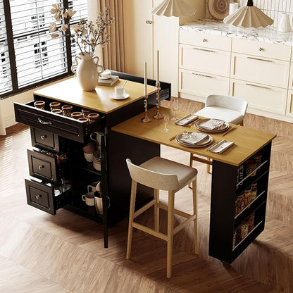 73” Kitchen Island with Extendable Dining Table, Multifunctional Wine Cabinet with 1 Door, 5 Drawers, Open Side Shelves, Wine Rack, Stemware Holder, Rolling Wheels, Chairs Not Include, Black+Natural