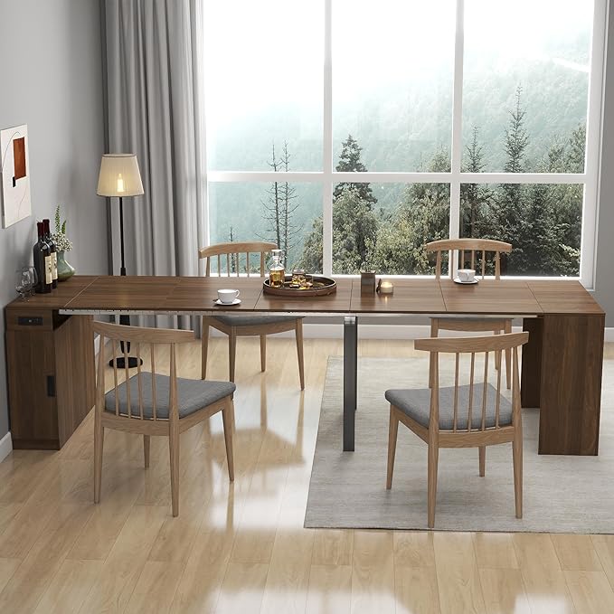 Modern Extendable Dining Table for 4-6 People with Outlet, Multifunctional Foldable Dinner Kitchen Table with Storage, Walnut