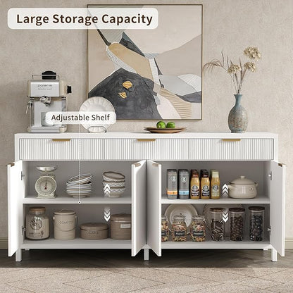 Yanosaku 66" W Fluted Buffet Cabinet, Sideboard Storage Cabinet with 3 Drawers & 2 Cabinets, Mid-Century Coffee Bar Table for Living Room, Dinning Room, White