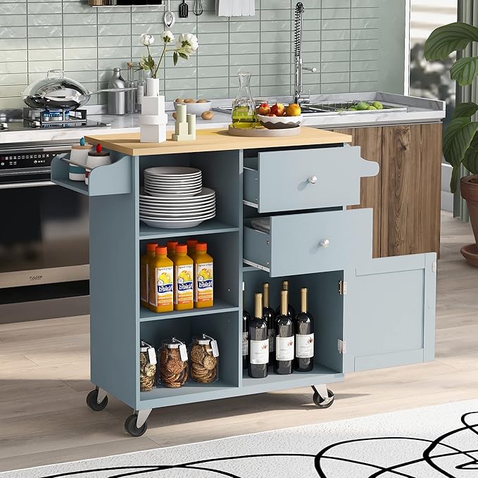 Fashion Store Kitchen Island Cart with Rubber Wood Top and 2 Drawers,4 Wheels and 3 Open Shelves,for Kitchen,Dining Room,Bathroom,Living Room (Grey Blue@E)