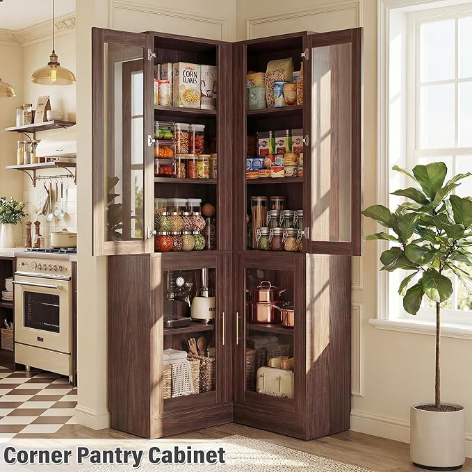 Armocity Corner Bookcase with Doors, 70" Tall Corner Bookshelf Cabinet with LED Lights, 6-Tier Corner Book Shelf for Home Office, Living Room, Black Walnut