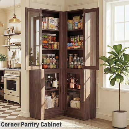 Armocity Corner Bookcase with Doors, 70" Tall Corner Bookshelf Cabinet with LED Lights, 6-Tier Corner Book Shelf for Home Office, Living Room, Black Walnut