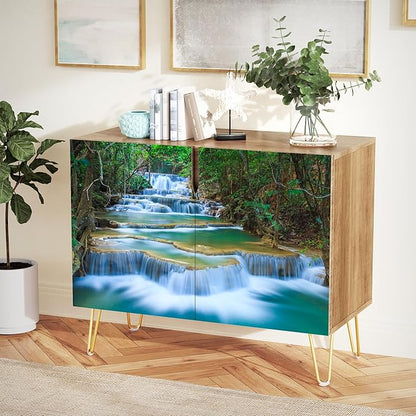 SIGNWIN Sideboard Buffet Cabinet, Kitchen Storage Cabinet with 2 Doors, Colorful Spring River Rapid Forest Tree, Cupboard Console Table for Dining Room - 35" L x 18" W x 29" H