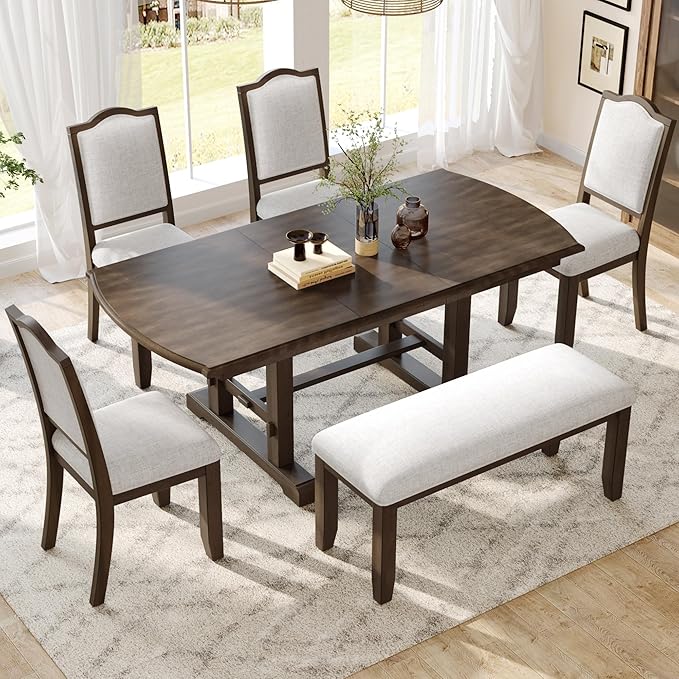 Ball & Cast Farmhouse Dining-Chairs Set of 4, High Back Wood Frame Dining Room Chair with Padded Seat, Modern Upholstered Kitchen Island Seating, 4 Pack Mid-Century Chairs, Brown&Beige