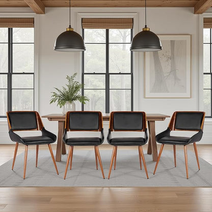 Armen Living Panda Mid-Century Dining Chair in Walnut Finish and Black Faux Leather - Set of 4