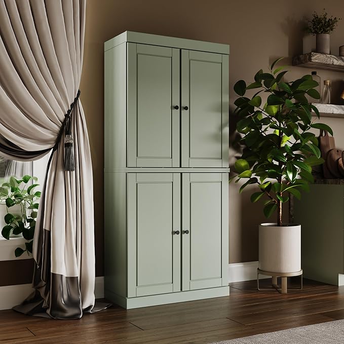 Palace Imports Solid Wood Kitchen Pantry Cabinet - 71.5" H x 32" W, Tall Storage Cupboard - Sage, Adjustable Shelves & 2-Drawer Kit for Living Space, 100% Renewable Eco-Friendly Wood, Made in Brazil