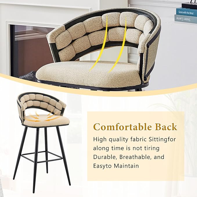 Set of 2 Beige Velvet Bar Stools with Black Iron Legs, Kitchen Island Counter Height Stools