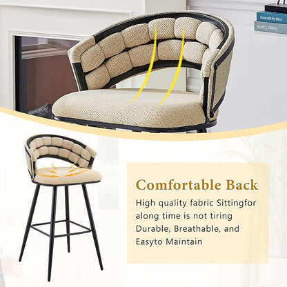 Set of 2 Beige Velvet Bar Stools with Black Iron Legs, Kitchen Island Counter Height Stools