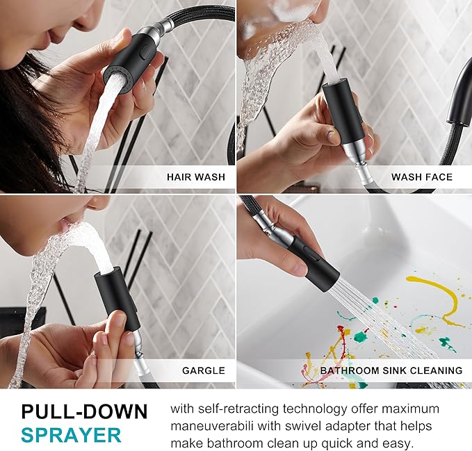 KENES Matte Black Tall Bathroom Faucet with Pull Out Sprayer, Pull Down Vessel Sink Faucet 1 Hole, Single Handle High Vanity Faucet with Pop Up Drain & Supply Lines, LJ-9065A-2