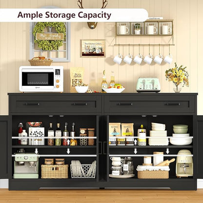 TEENFON 63” Buffet Cabinet with Storage and 2 Drawers, Large Sideboard Cabinet with Adjustable Shelves and 4 Doors, Coffee Bar, Buffet Table for Kitchen, Dining Room, Black