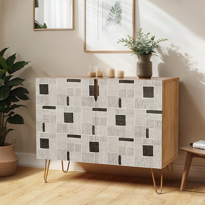 SIGNWIN Sideboard Buffet Cabinet, Kitchen Storage Cabinet with 2 Doors, Duotone Gray & Black Polygon Pattern, Cupboard Console Table for Dining Room - 35" L x 18" W x 29" H