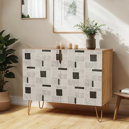 SIGNWIN Sideboard Buffet Cabinet, Kitchen Storage Cabinet with 2 Doors, Duotone Gray & Black Polygon Pattern, Cupboard Console Table for Dining Room - 35" L x 18" W x 29" H