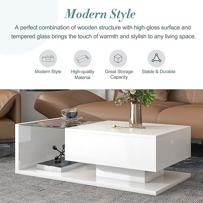 Modern Coffee Table with Tempered Glass, Wooden Cocktail Table with High-Gloss UV Surface, Modernist 2-Tier Rectangle Center Table for Living Room, White