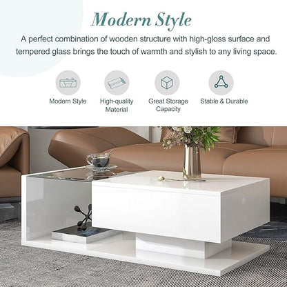 Modern Coffee Table with Tempered Glass, Wooden Cocktail Table with High-Gloss UV Surface, Modernist 2-Tier Rectangle Center Table for Living Room, White
