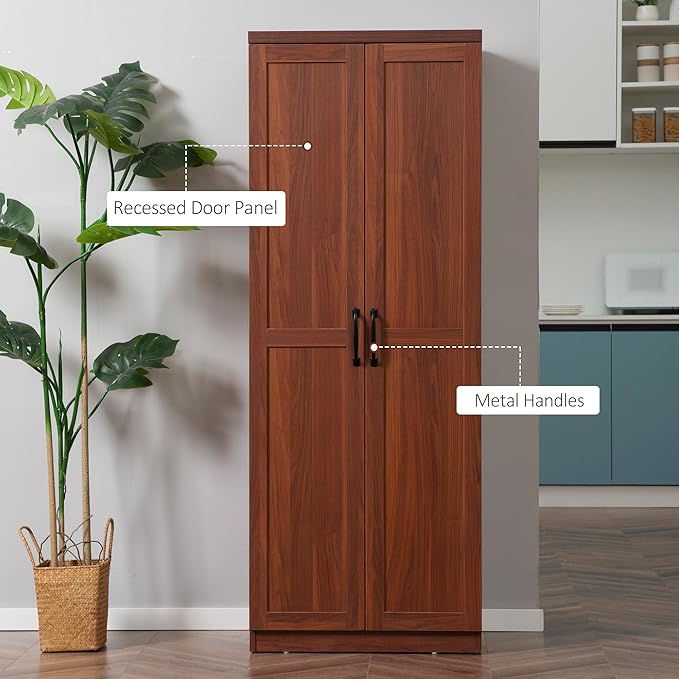 63" Kitchen Pantry, Freestanding Storage Cabinet with 5-Tier Shelving and 2 Adjustable Shelves, 2-Door, Brown, Easy to Maintain, for Dining Room