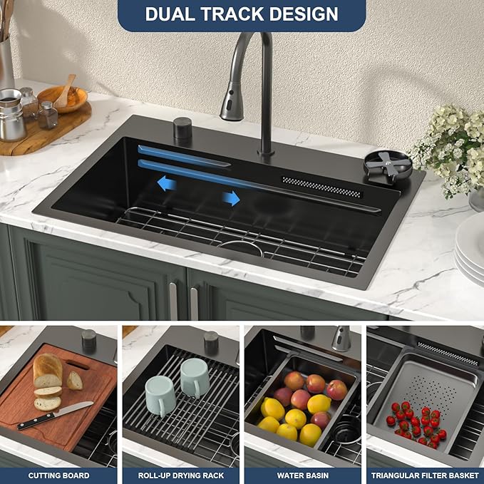 Lordear 31 Inch Drop In Waterfall Kitchen Sink with Faucet 31x20 Black Kitchen Sink Ledge Workstation Gunmetal Black 16 Gauge Single Bowl Topmount Handmade Sinks with Cup Washer